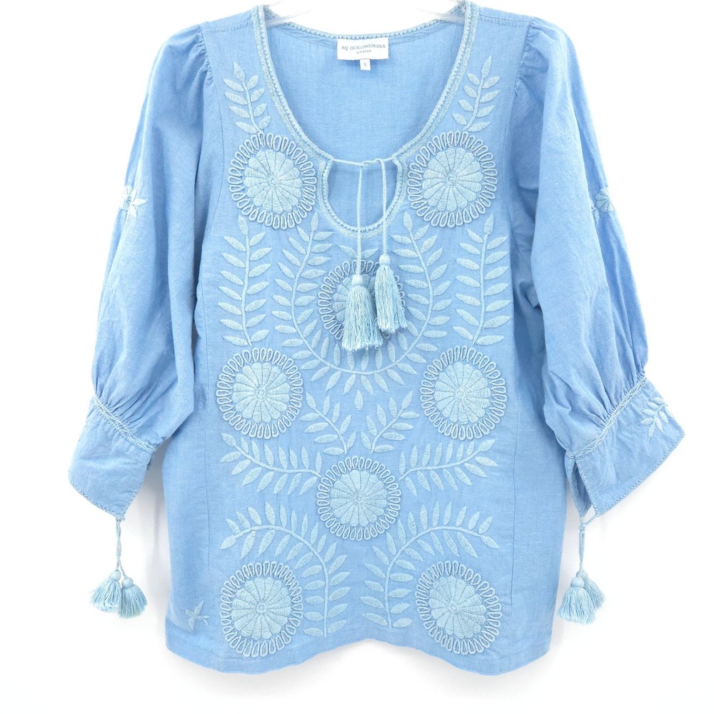 Mi Golondrina Embroidered Blouse Womens S Blue Tassel Puff Sleeve Boho Top